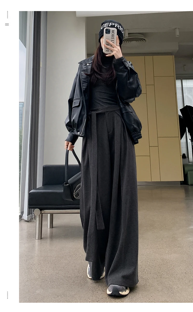 MEXZT Woolen Wide Leg Pants Women Fashion Lace Up Black Baggy Suit Pants Winter Streetwear Korean Casual Straight Trousers New