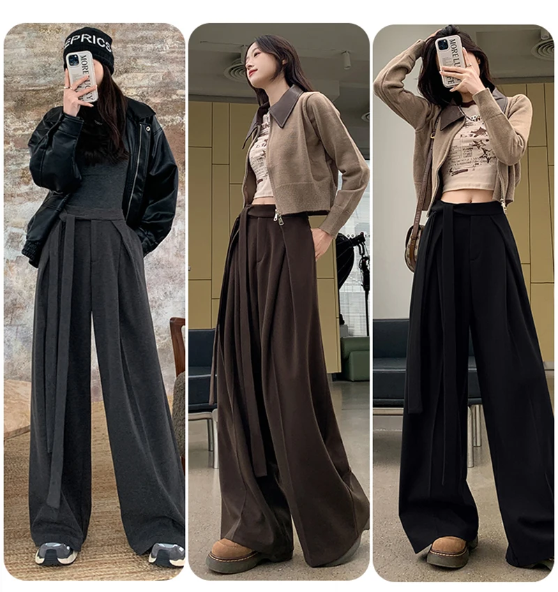 MEXZT Woolen Wide Leg Pants Women Fashion Lace Up Black Baggy Suit Pants Winter Streetwear Korean Casual Straight Trousers New