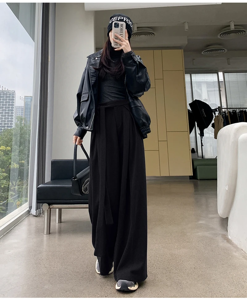 MEXZT Woolen Wide Leg Pants Women Fashion Lace Up Black Baggy Suit Pants Winter Streetwear Korean Casual Straight Trousers New