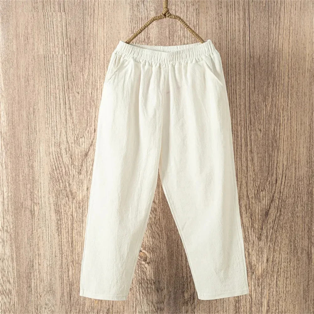 Womens Cotton Linen Cropped Pants Loose Fit Wide Leg Capri Casual Plus Size Elastic Waist Trousers Capris