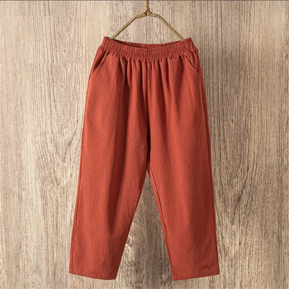 Womens Cotton Linen Cropped Pants Loose Fit Wide Leg Capri Casual Plus Size Elastic Waist Trousers Capris