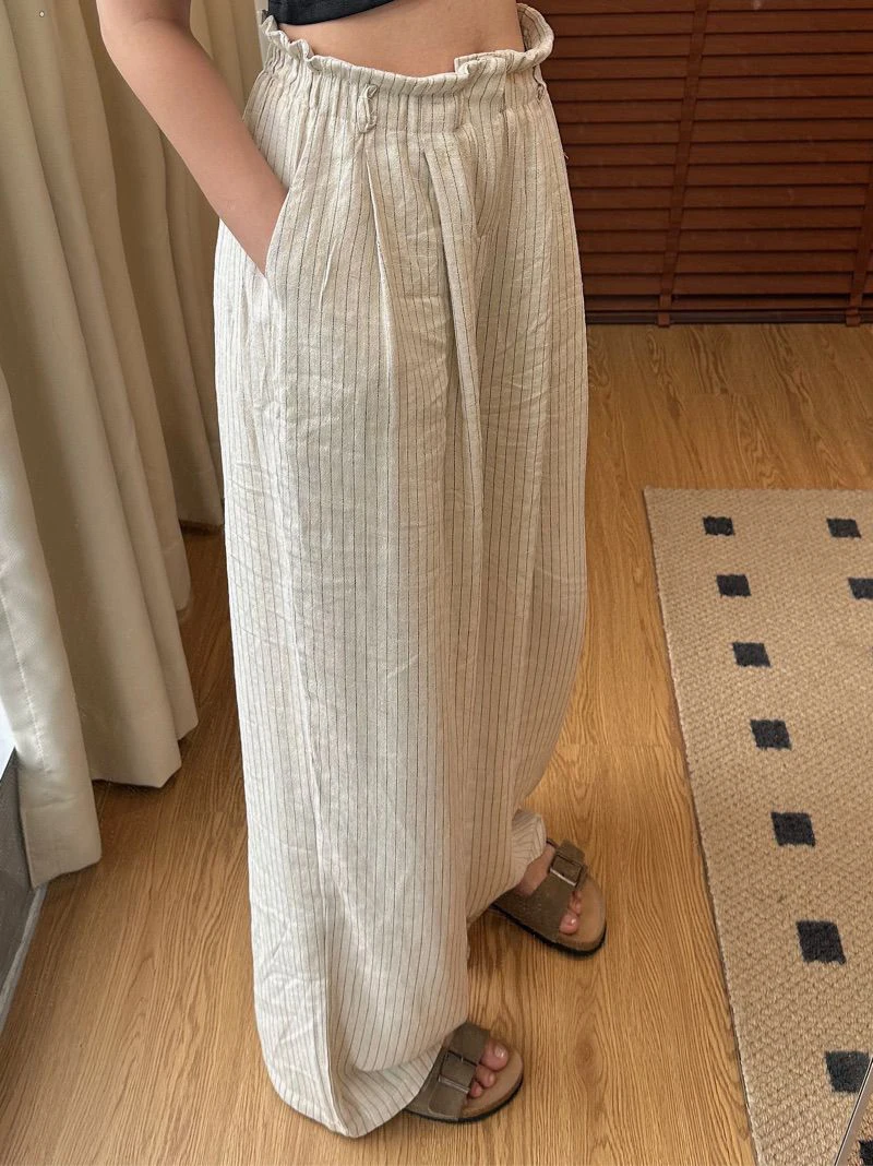 Elegant Striped Wide Leg Pants Women Fashion Streetwear Cotton Linen Baggy Pants Summer Ladies Korean Casual Straight Trousers