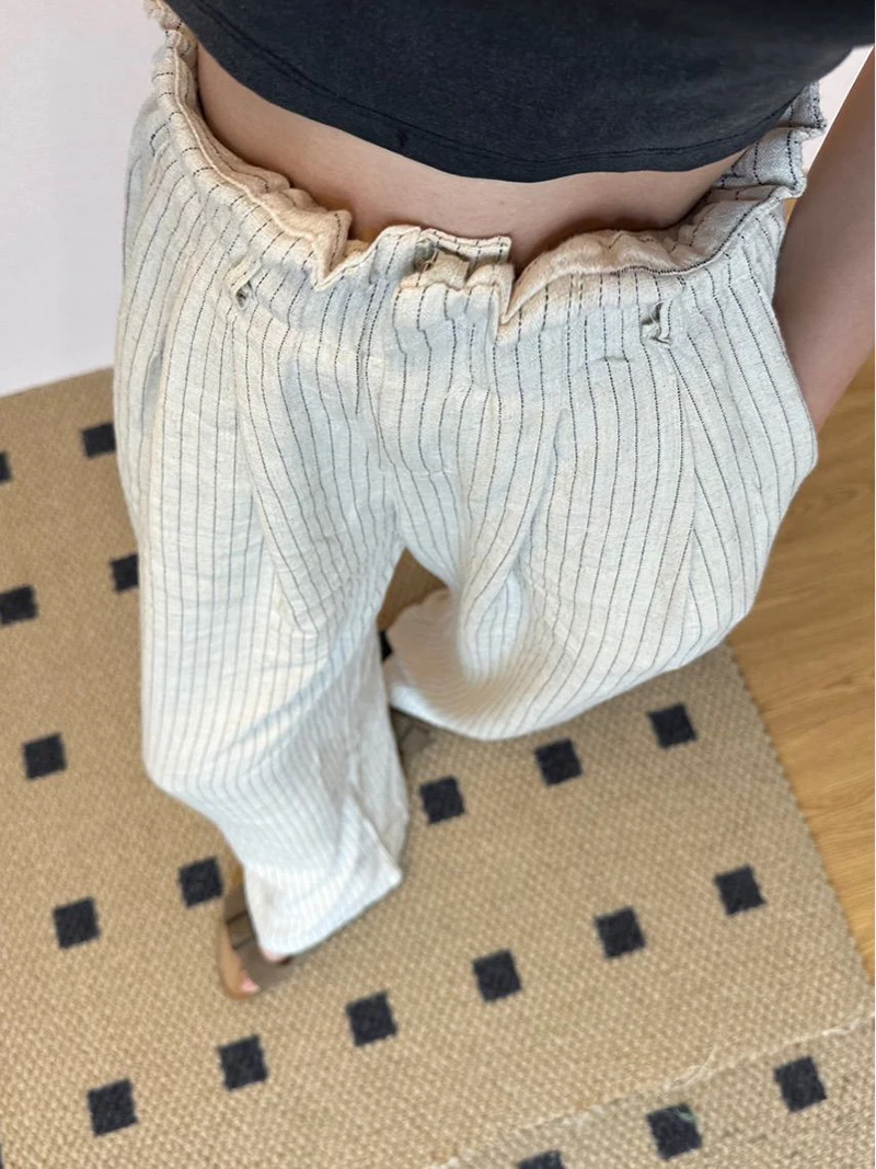 Elegant Striped Wide Leg Pants Women Fashion Streetwear Cotton Linen Baggy Pants Summer Ladies Korean Casual Straight Trousers