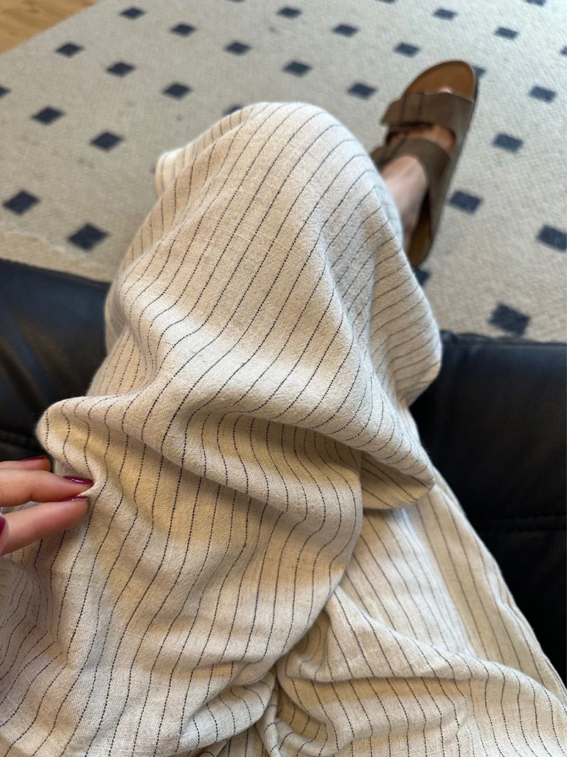 Elegant Striped Wide Leg Pants Women Fashion Streetwear Cotton Linen Baggy Pants Summer Ladies Korean Casual Straight Trousers
