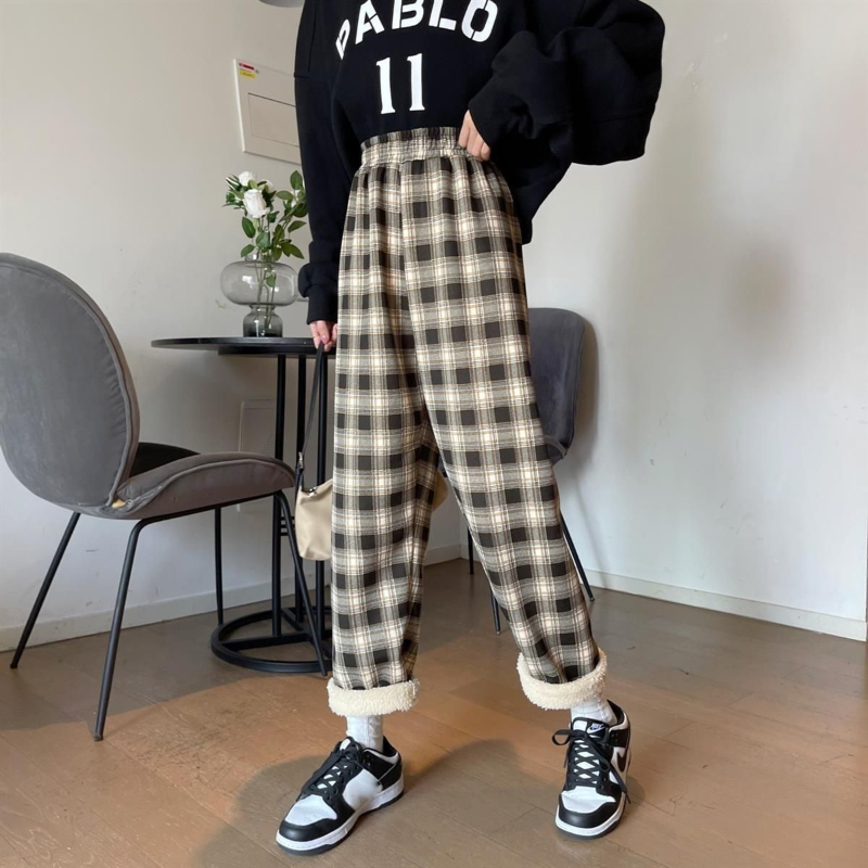 MEXZT Fashion Warm Plush Pants Thick Plaid Women Winter Casual Loose Wide Leg Trousers Korean Streetwear Straight Student New