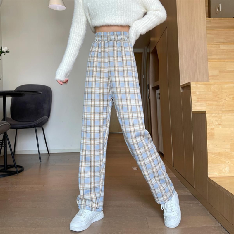 MEXZT Fashion Warm Plush Pants Thick Plaid Women Winter Casual Loose Wide Leg Trousers Korean Streetwear Straight Student New