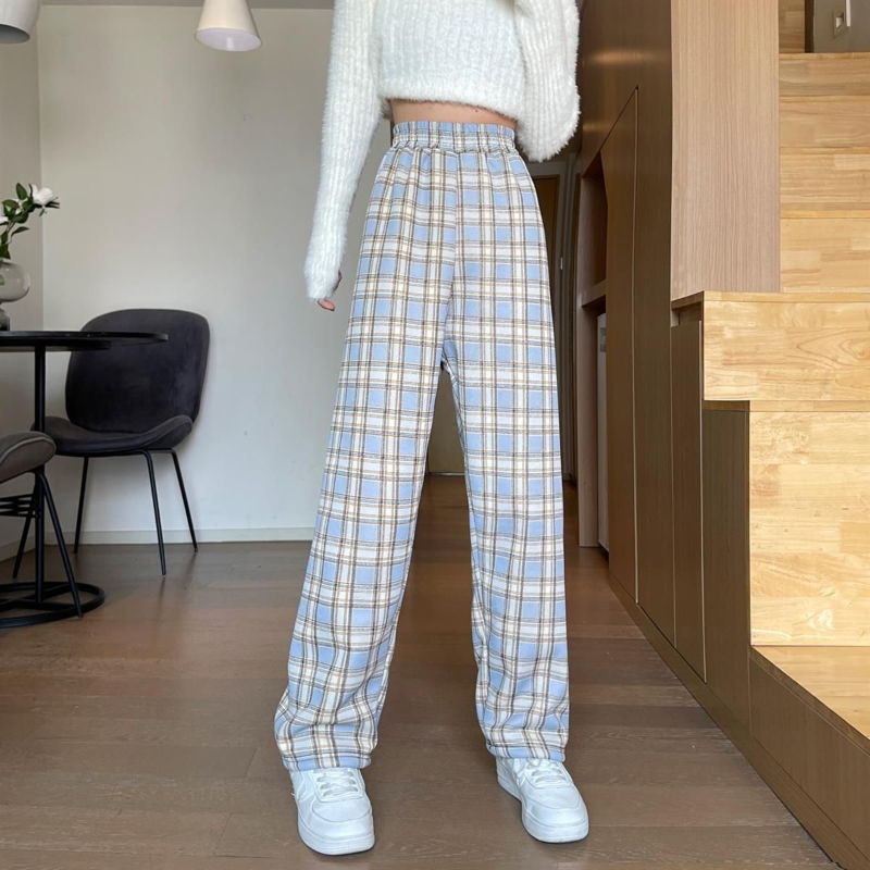 MEXZT Fashion Warm Plush Pants Thick Plaid Women Winter Casual Loose Wide Leg Trousers Korean Streetwear Straight Student New