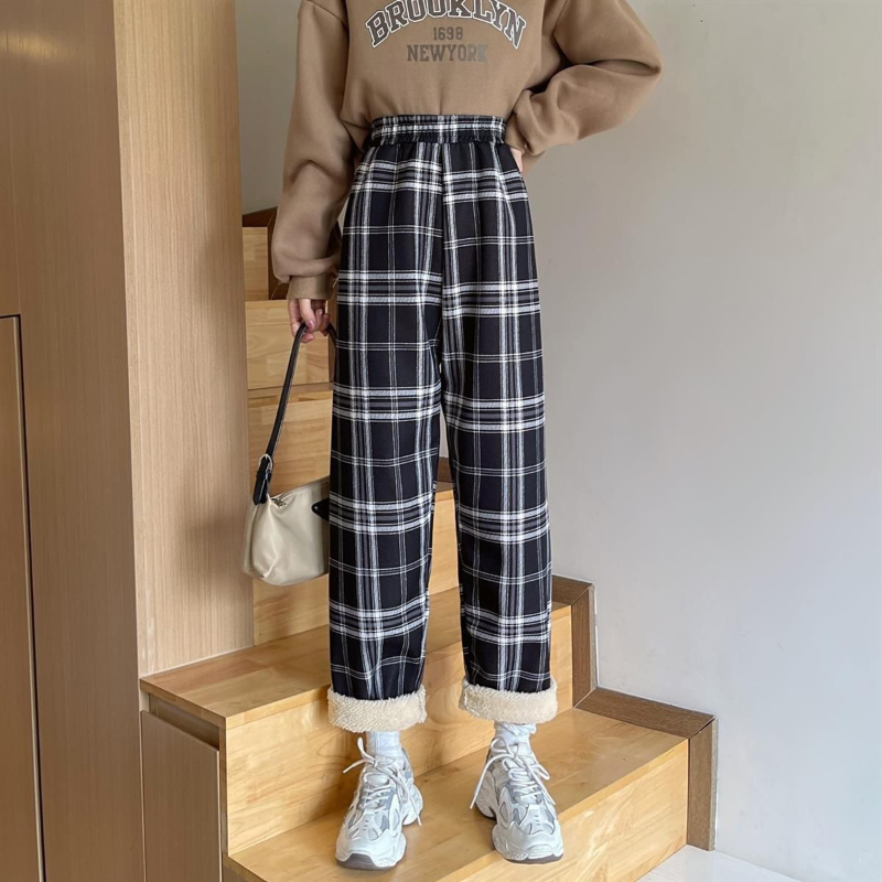 MEXZT Fashion Warm Plush Pants Thick Plaid Women Winter Casual Loose Wide Leg Trousers Korean Streetwear Straight Student New