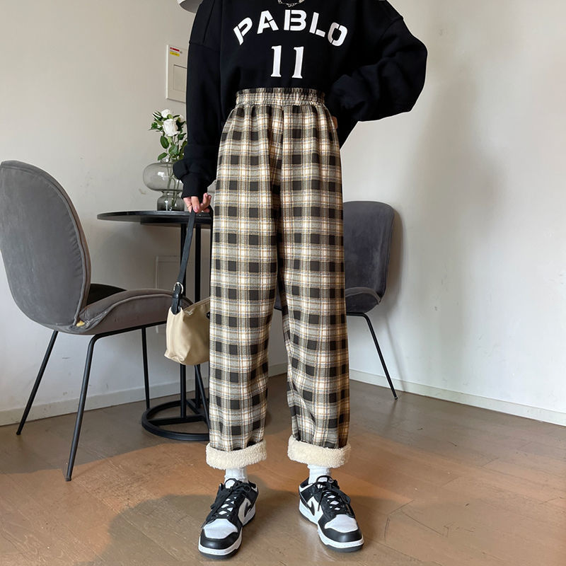 MEXZT Fashion Warm Plush Pants Thick Plaid Women Winter Casual Loose Wide Leg Trousers Korean Streetwear Straight Student New