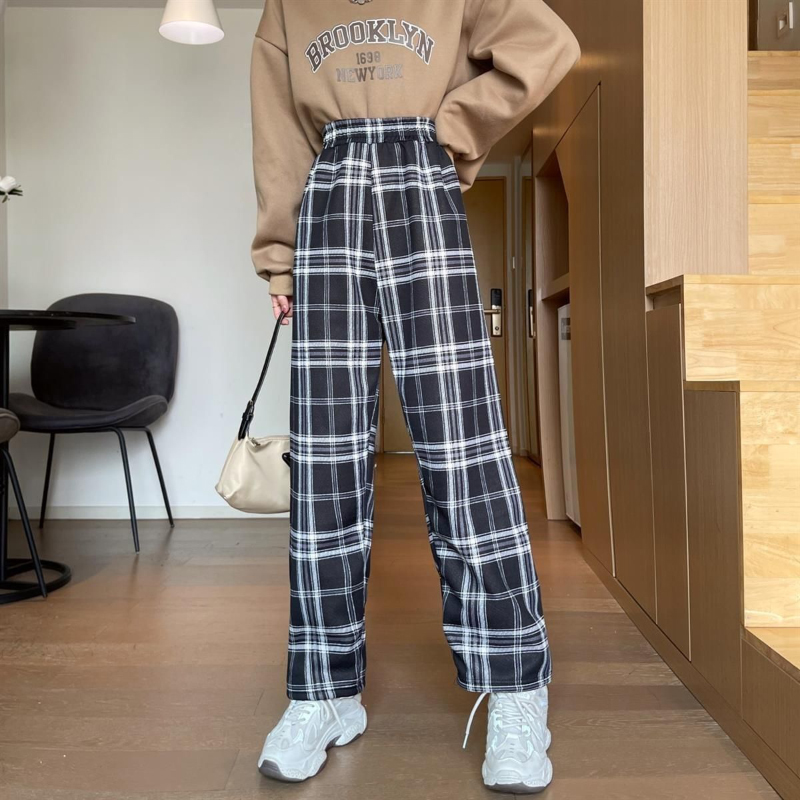 MEXZT Fashion Warm Plush Pants Thick Plaid Women Winter Casual Loose Wide Leg Trousers Korean Streetwear Straight Student New