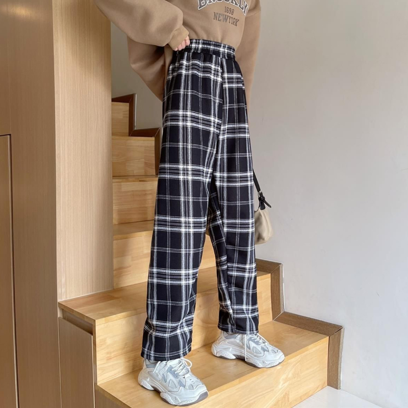 MEXZT Fashion Warm Plush Pants Thick Plaid Women Winter Casual Loose Wide Leg Trousers Korean Streetwear Straight Student New