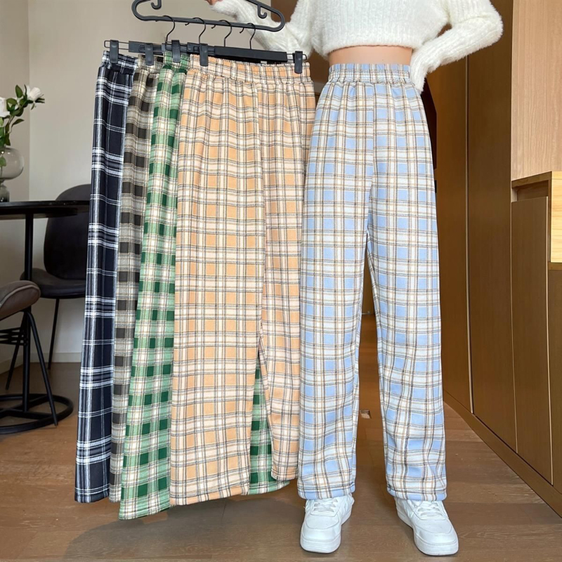 MEXZT Fashion Warm Plush Pants Thick Plaid Women Winter Casual Loose Wide Leg Trousers Korean Streetwear Straight Student New