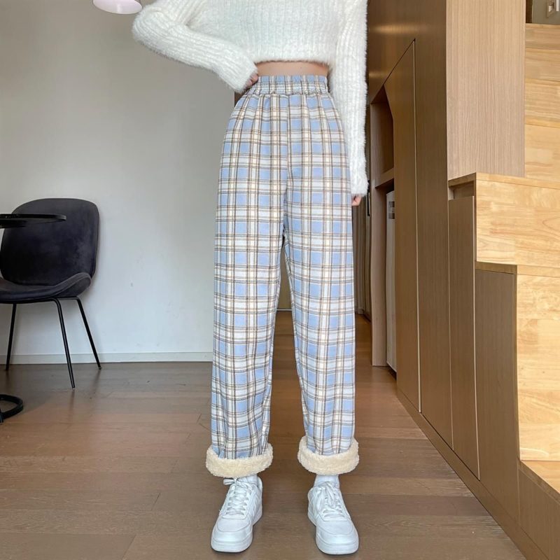 MEXZT Fashion Warm Plush Pants Thick Plaid Women Winter Casual Loose Wide Leg Trousers Korean Streetwear Straight Student New