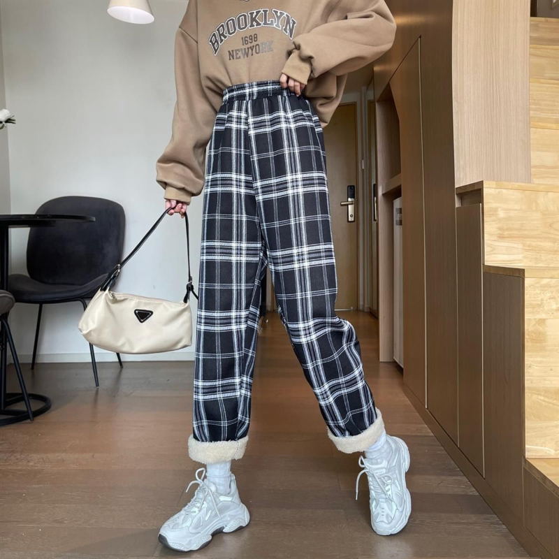 MEXZT Fashion Warm Plush Pants Thick Plaid Women Winter Casual Loose Wide Leg Trousers Korean Streetwear Straight Student New