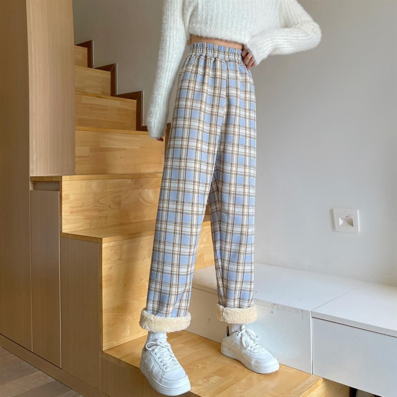 MEXZT Fashion Warm Plush Pants Thick Plaid Women Winter Casual Loose Wide Leg Trousers Korean Streetwear Straight Student New
