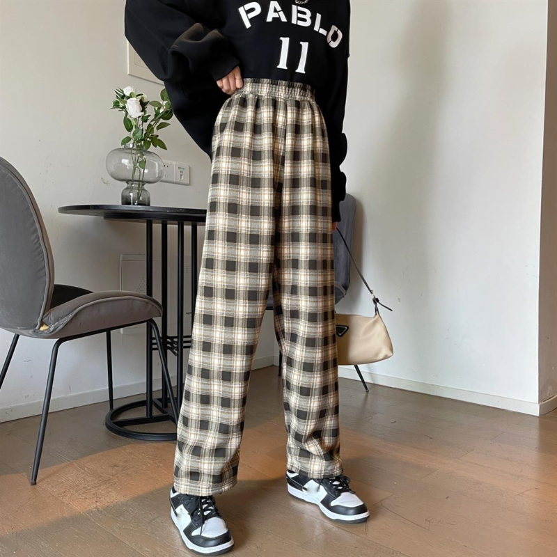 MEXZT Fashion Warm Plush Pants Thick Plaid Women Winter Casual Loose Wide Leg Trousers Korean Streetwear Straight Student New