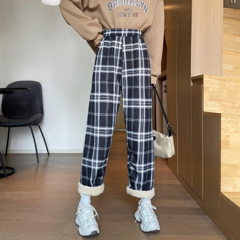 MEXZT Fashion Warm Plush Pants Thick Plaid Women Winter Casual Loose Wide Leg Trousers Korean Streetwear Straight Student New