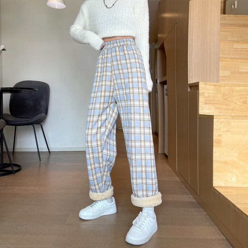 MEXZT Fashion Warm Plush Pants Thick Plaid Women Winter Casual Loose Wide Leg Trousers Korean Streetwear Straight Student New