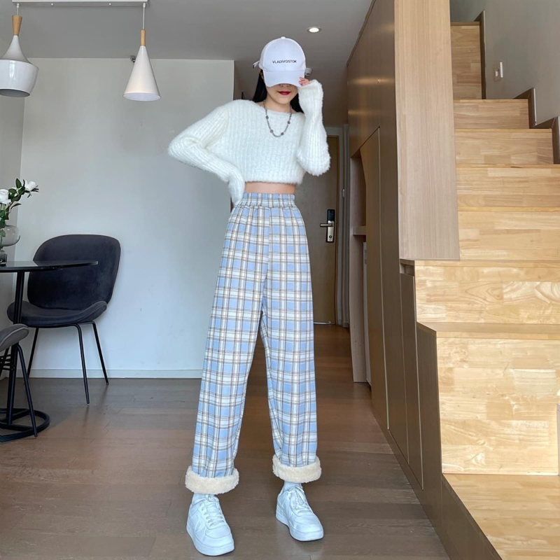 MEXZT Fashion Warm Plush Pants Thick Plaid Women Winter Casual Loose Wide Leg Trousers Korean Streetwear Straight Student New