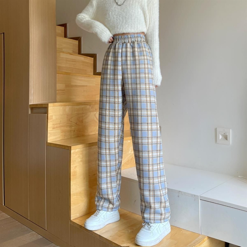 MEXZT Fashion Warm Plush Pants Thick Plaid Women Winter Casual Loose Wide Leg Trousers Korean Streetwear Straight Student New