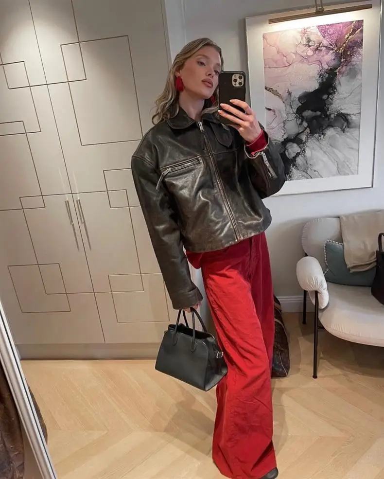 Retro Red Mid-Waist Wide-Leg Straight Corduroy Long Pants For Women Autumn Winter