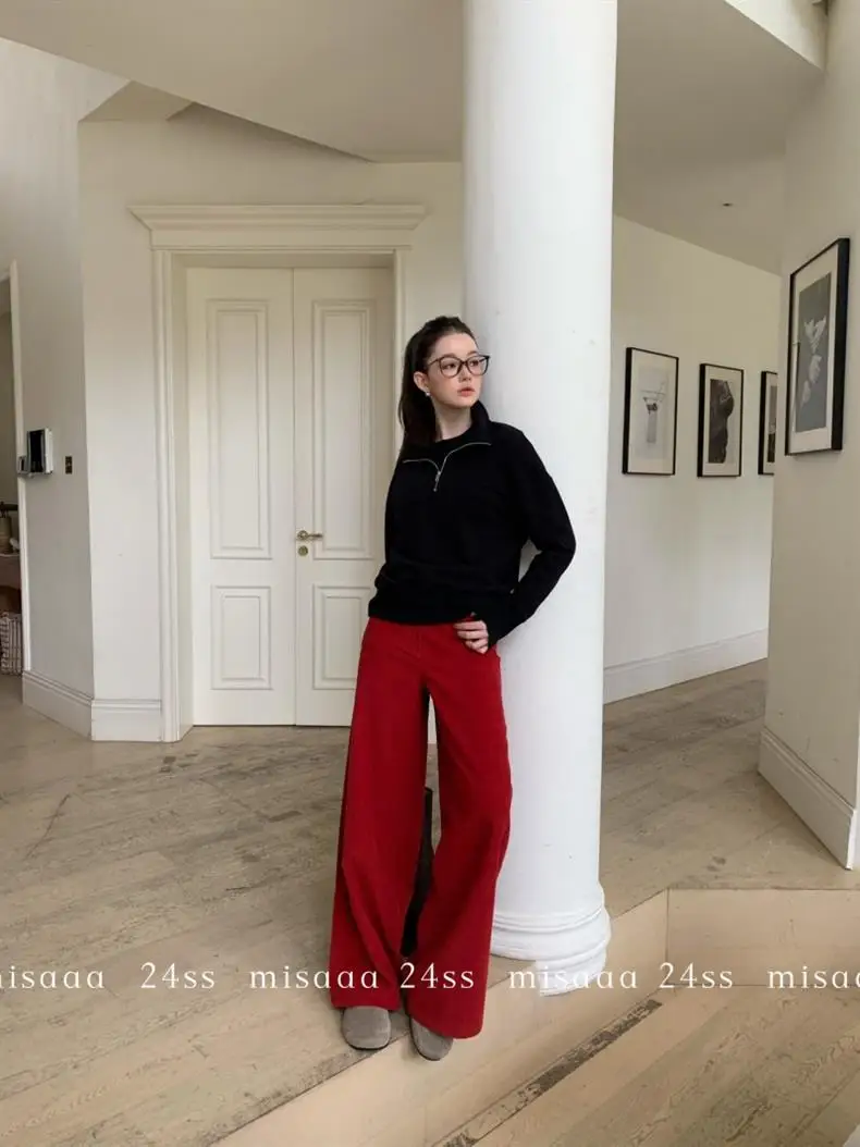 Retro Red Mid-Waist Wide-Leg Straight Corduroy Long Pants For Women Autumn Winter