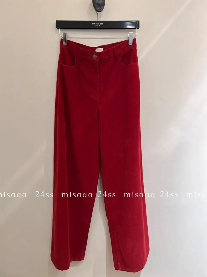 Retro Red Mid-Waist Wide-Leg Straight Corduroy Long Pants For Women Autumn Winter