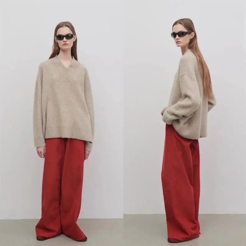 Retro Red Mid-Waist Wide-Leg Straight Corduroy Long Pants For Women Autumn Winter