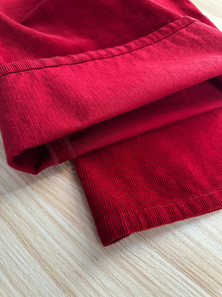 Retro Red Mid-Waist Wide-Leg Straight Corduroy Long Pants For Women Autumn Winter