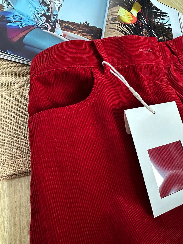 Retro Red Mid-Waist Wide-Leg Straight Corduroy Long Pants For Women Autumn Winter