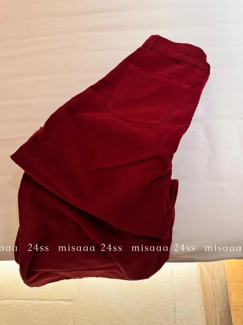 Retro Red Mid-Waist Wide-Leg Straight Corduroy Long Pants For Women Autumn Winter