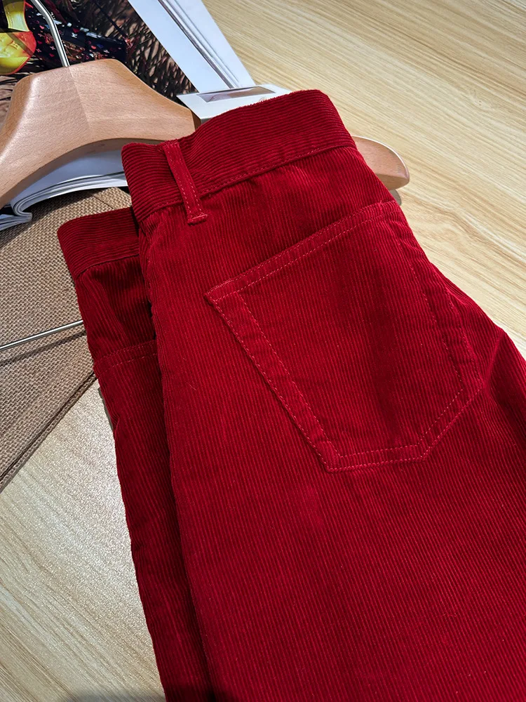 Retro Red Mid-Waist Wide-Leg Straight Corduroy Long Pants For Women Autumn Winter