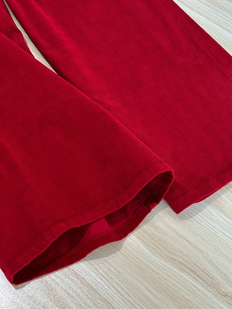 Retro Red Mid-Waist Wide-Leg Straight Corduroy Long Pants For Women Autumn Winter