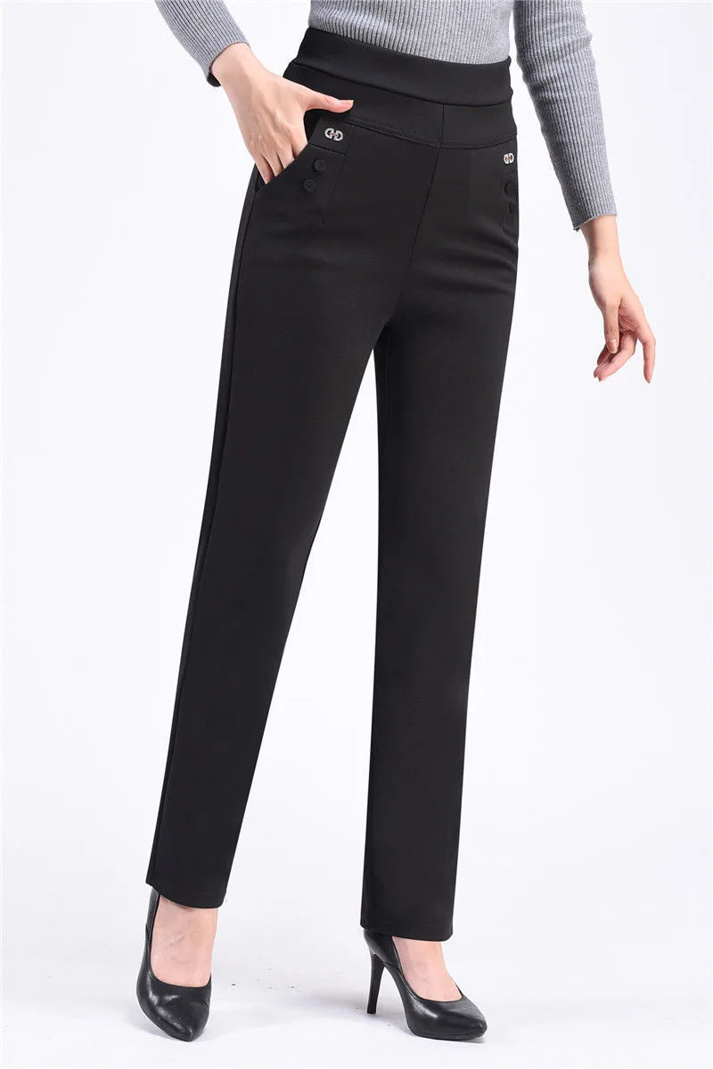 New Autumn Winter Women's Pants Add Velevt Mother Pants Elastic High Waist Casual Women Trousers Loose Straight Black Pants