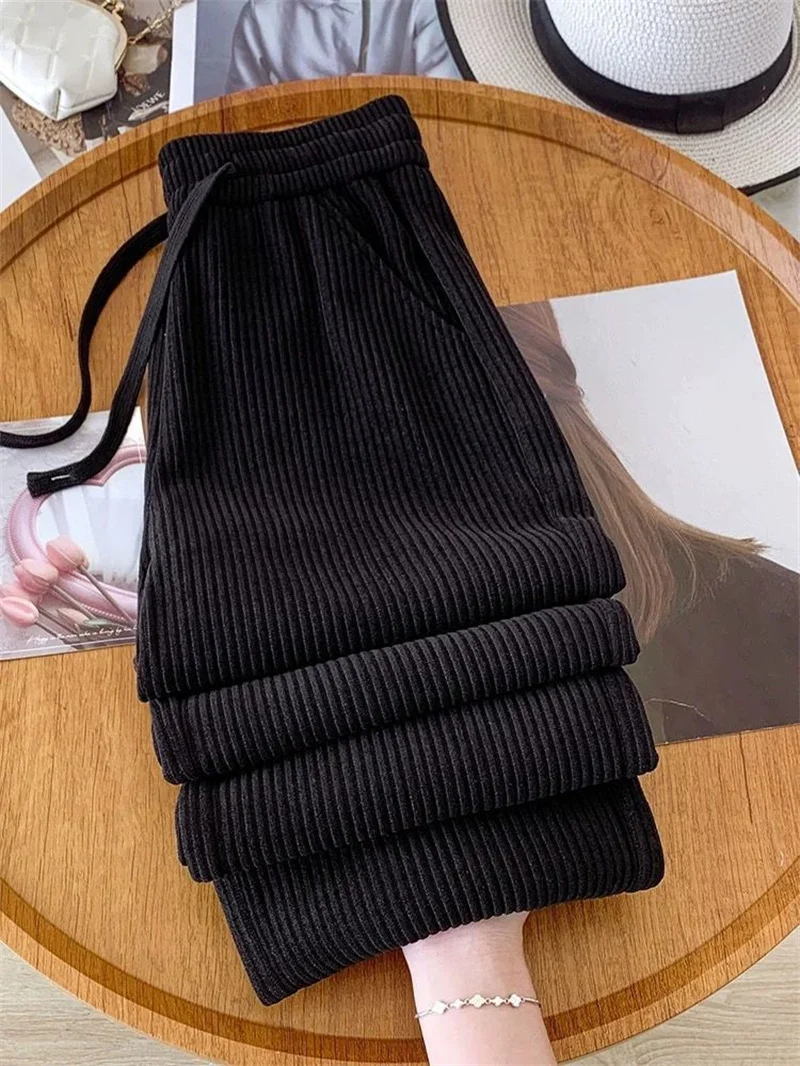 Add Velvet Padded Casual Trousers Lady Autumn Winter New 2027 High Waist Corduroy Pants Women's Large Size Straight Pants Female