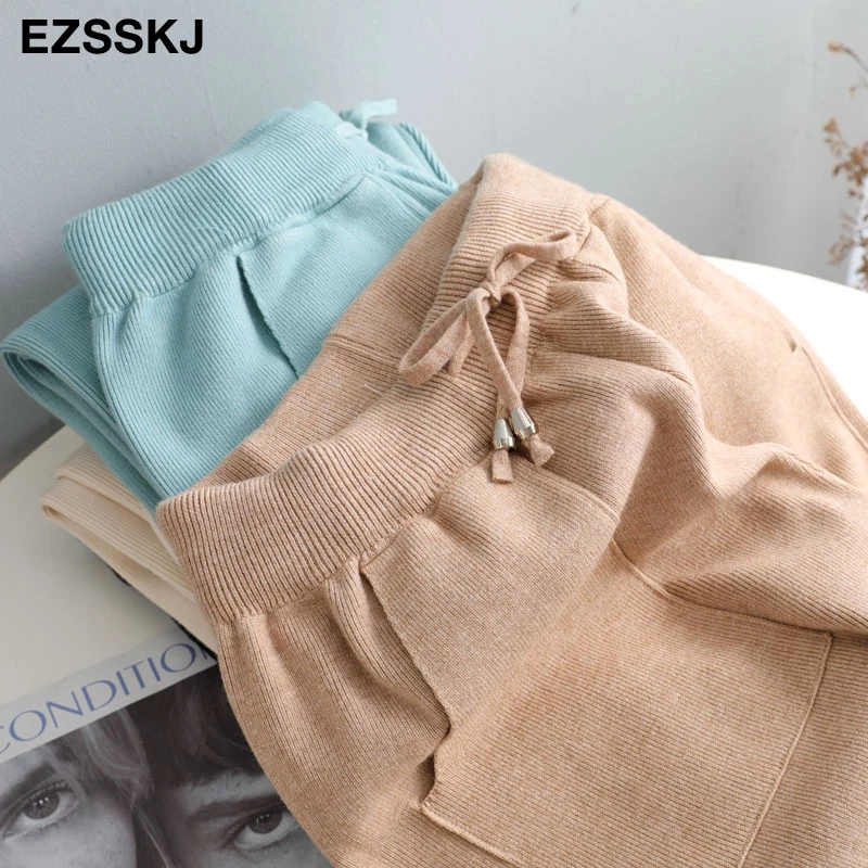 Women Elastic Waist Drawstring Trousers Thick Knitted Harem Pants Autumn Winter Sport pants sweater Knitted Carrot pants