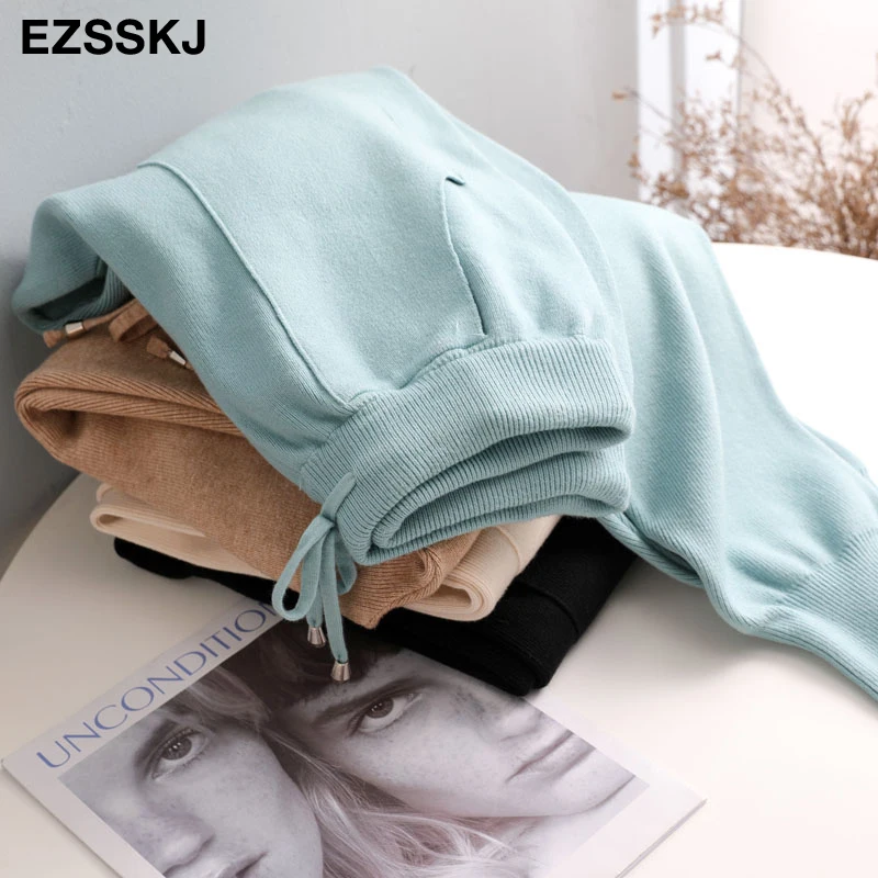 Women Elastic Waist Drawstring Trousers Thick Knitted Harem Pants Autumn Winter Sport pants sweater Knitted Carrot pants