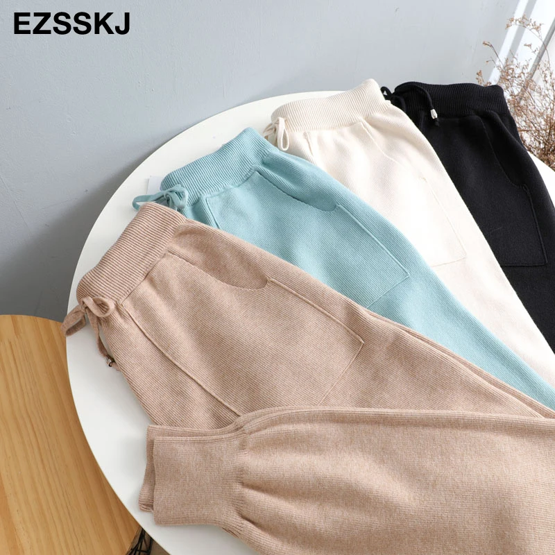 Women Elastic Waist Drawstring Trousers Thick Knitted Harem Pants Autumn Winter Sport pants sweater Knitted Carrot pants
