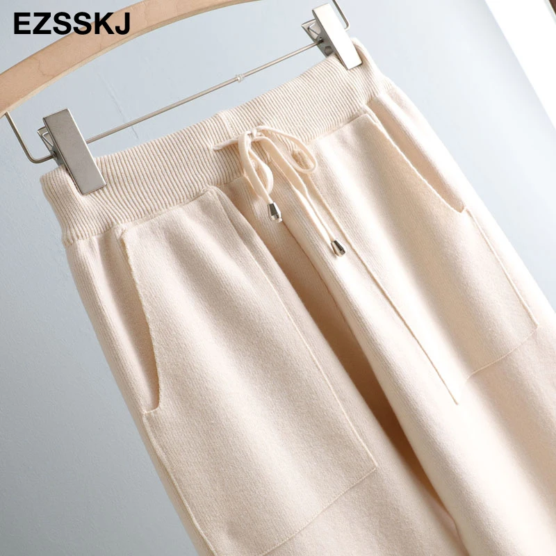 Women Elastic Waist Drawstring Trousers Thick Knitted Harem Pants Autumn Winter Sport pants sweater Knitted Carrot pants