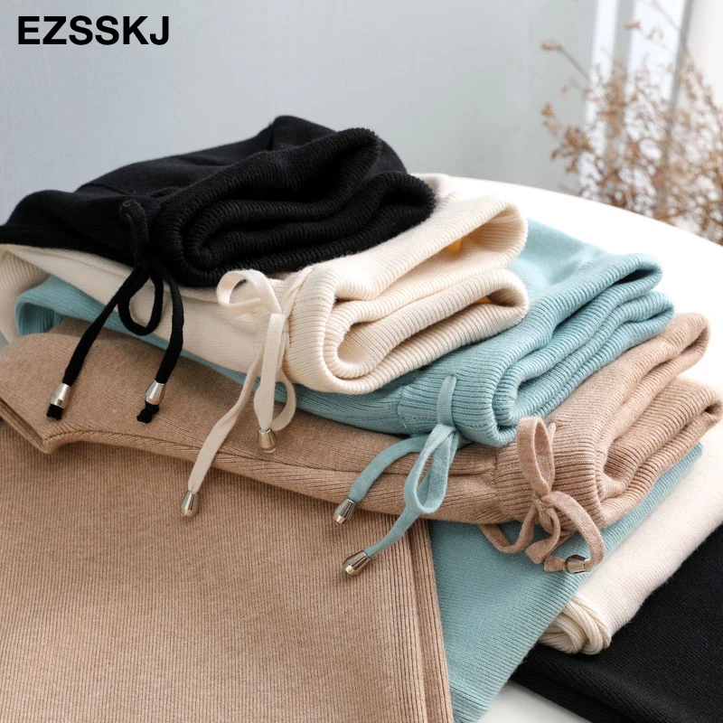 Women Elastic Waist Drawstring Trousers Thick Knitted Harem Pants Autumn Winter Sport pants sweater Knitted Carrot pants