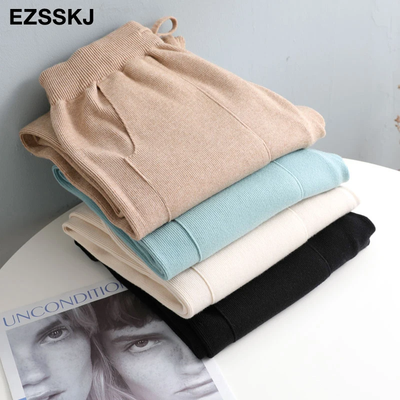 Women Elastic Waist Drawstring Trousers Thick Knitted Harem Pants Autumn Winter Sport pants sweater Knitted Carrot pants