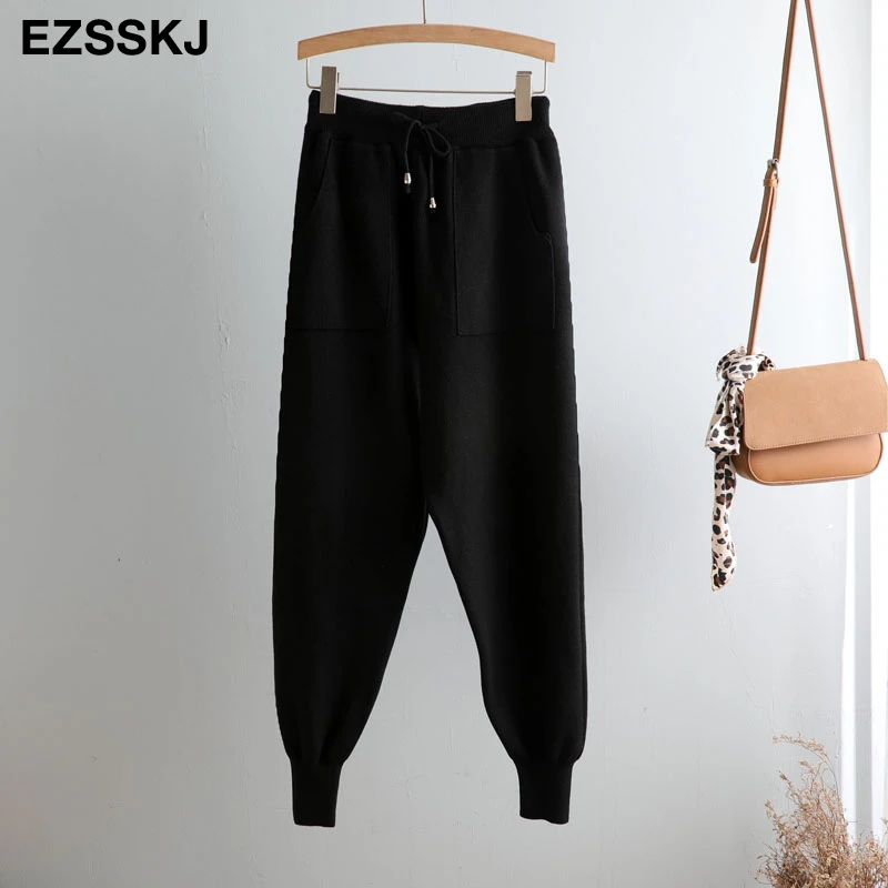 Women Elastic Waist Drawstring Trousers Thick Knitted Harem Pants Autumn Winter Sport pants sweater Knitted Carrot pants