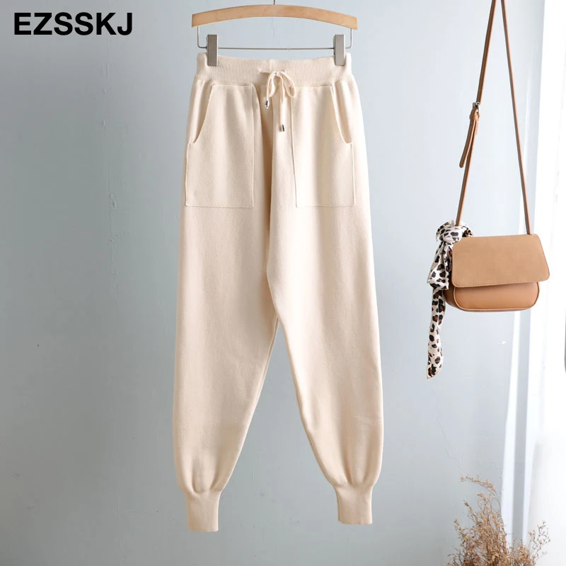 Women Elastic Waist Drawstring Trousers Thick Knitted Harem Pants Autumn Winter Sport pants sweater Knitted Carrot pants