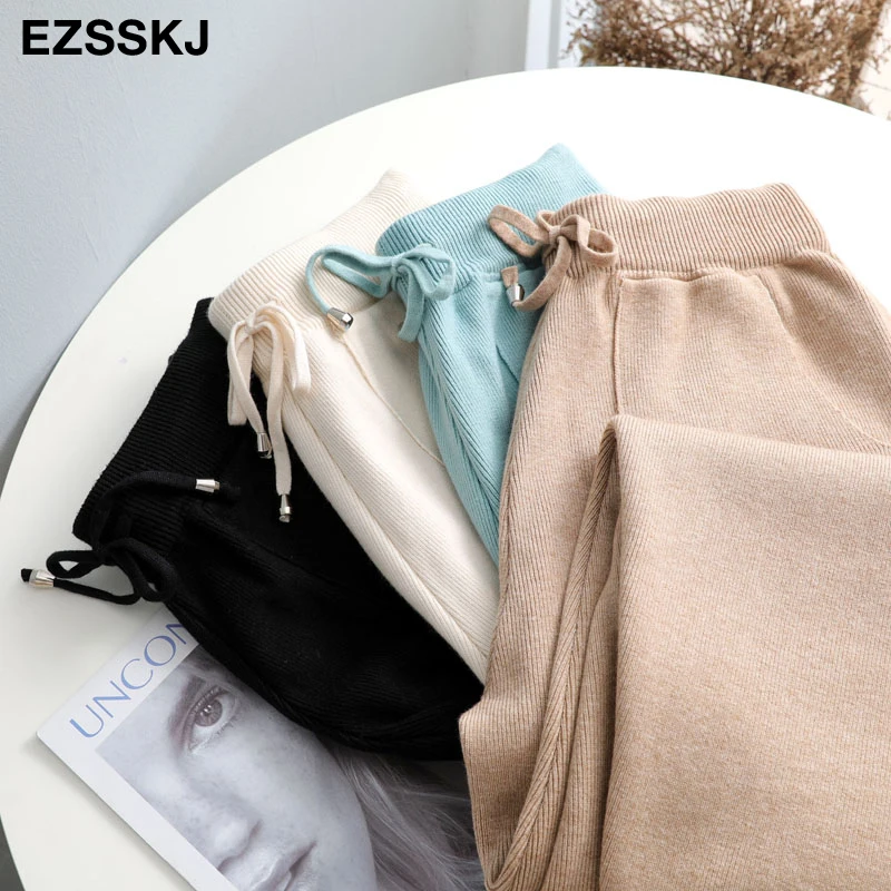 Women Elastic Waist Drawstring Trousers Thick Knitted Harem Pants Autumn Winter Sport pants sweater Knitted Carrot pants