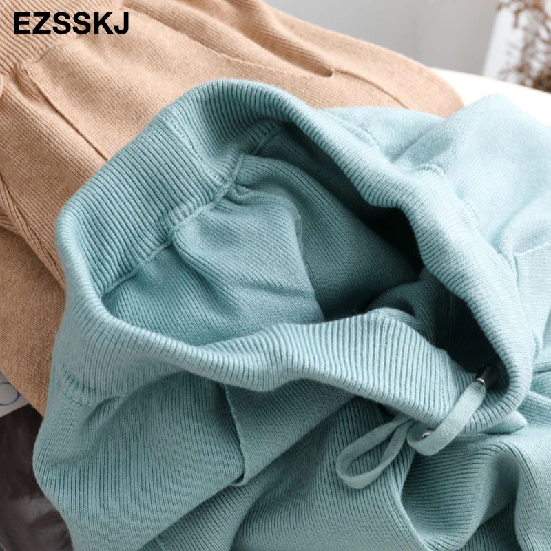 Women Elastic Waist Drawstring Trousers Thick Knitted Harem Pants Autumn Winter Sport pants sweater Knitted Carrot pants