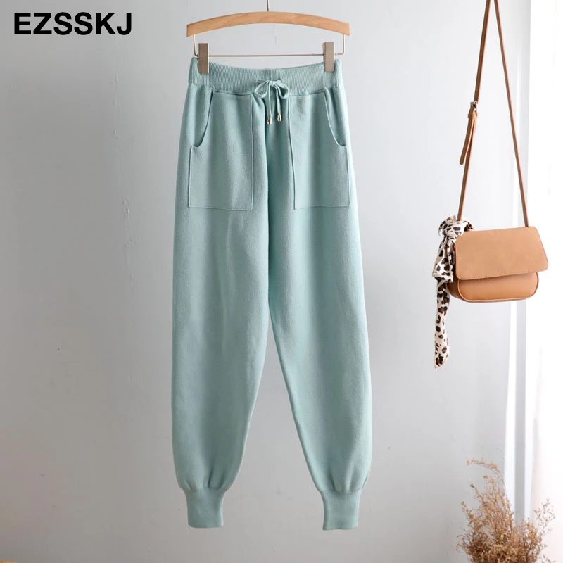 Women Elastic Waist Drawstring Trousers Thick Knitted Harem Pants Autumn Winter Sport pants sweater Knitted Carrot pants