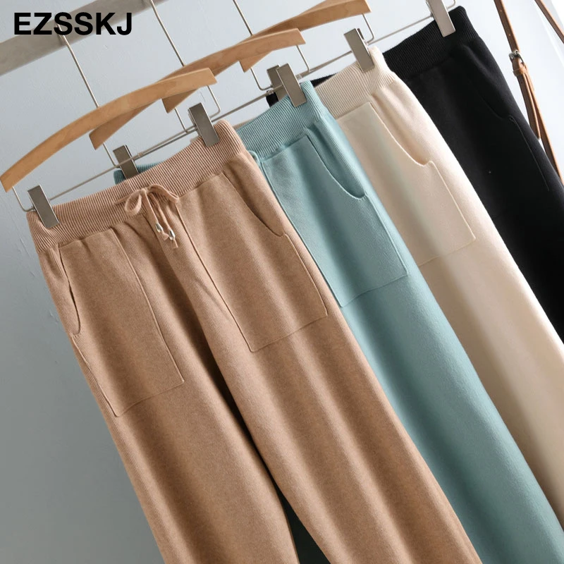 Women Elastic Waist Drawstring Trousers Thick Knitted Harem Pants Autumn Winter Sport pants sweater Knitted Carrot pants