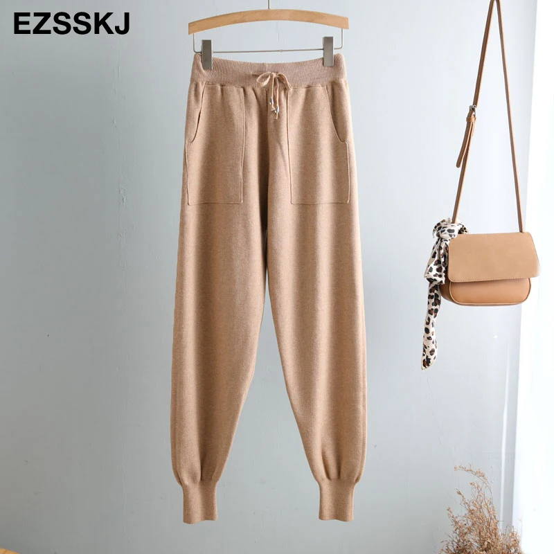 Women Elastic Waist Drawstring Trousers Thick Knitted Harem Pants Autumn Winter Sport pants sweater Knitted Carrot pants