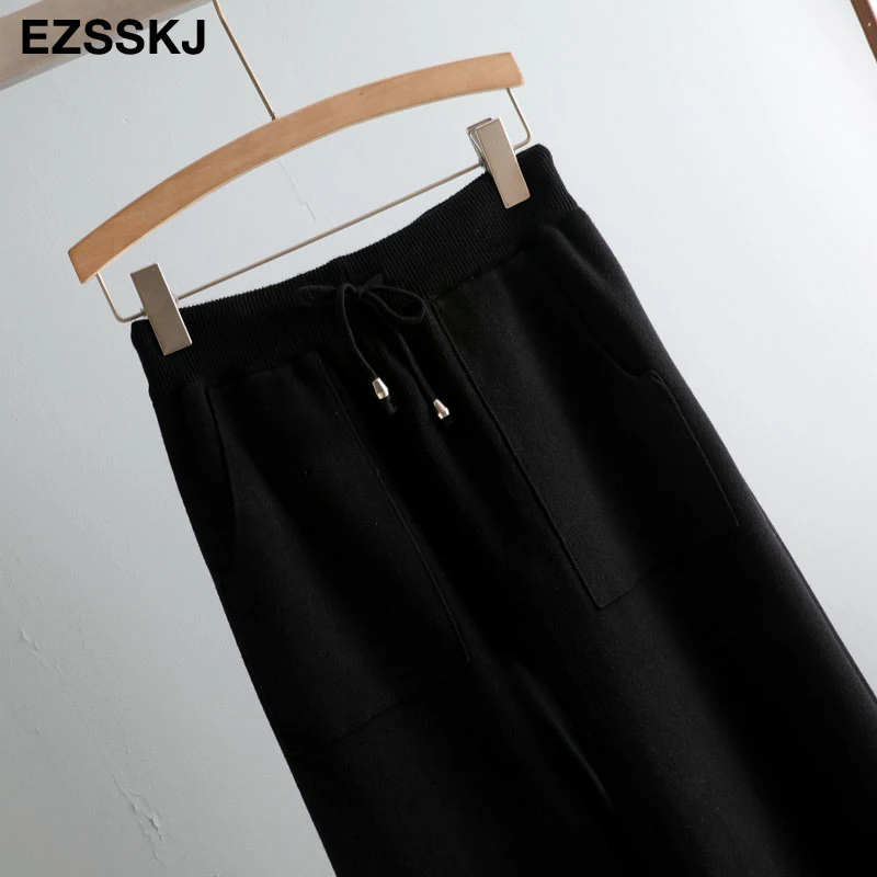Women Elastic Waist Drawstring Trousers Thick Knitted Harem Pants Autumn Winter Sport pants sweater Knitted Carrot pants