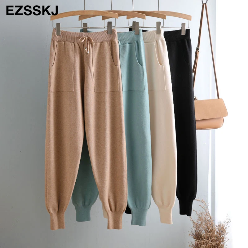 Women Elastic Waist Drawstring Trousers Thick Knitted Harem Pants Autumn Winter Sport pants sweater Knitted Carrot pants